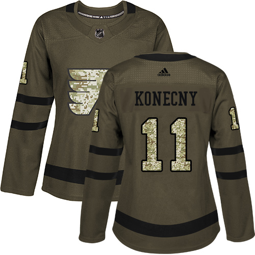 #11 Authentic Travis Konecny Women's Green Hockey Jersey - Philadelphia Flyers Salute to Service #11 Authentic Travis Konecny Women's Green Hockey Jersey - Philadelphia Flyers Salute to Service