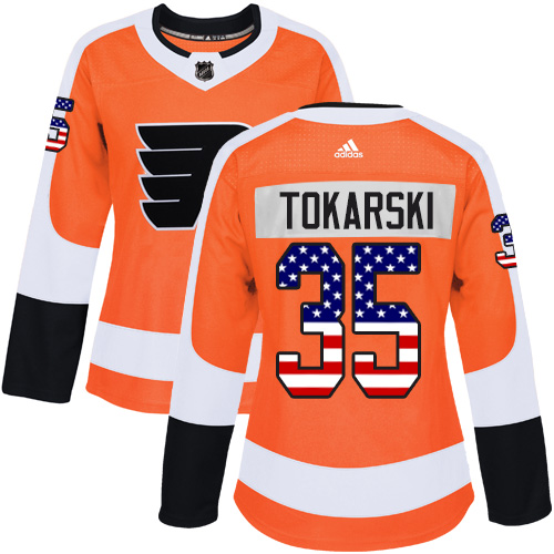 #35 Adidas Authentic Dustin Tokarski Women's Orange NHL Jersey - Philadelphia Flyers USA Flag Fashion