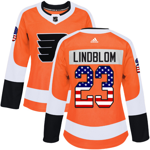 #23 Adidas Authentic Oskar Lindblom Women's Orange NHL Jersey - Philadelphia Flyers USA Flag Fashion