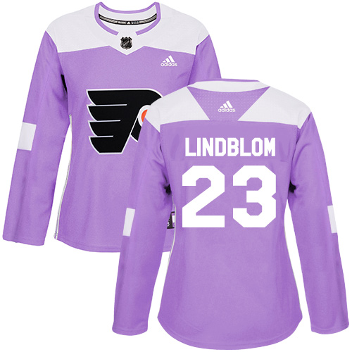 #23 Adidas Authentic Oskar Lindblom Women's Purple NHL Jersey - Philadelphia Flyers Fights Cancer Practice