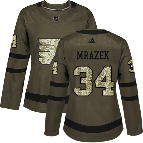 #34 Adidas Authentic Petr Mrazek Women's Green NHL Jersey - Philadelphia Flyers Salute to Service