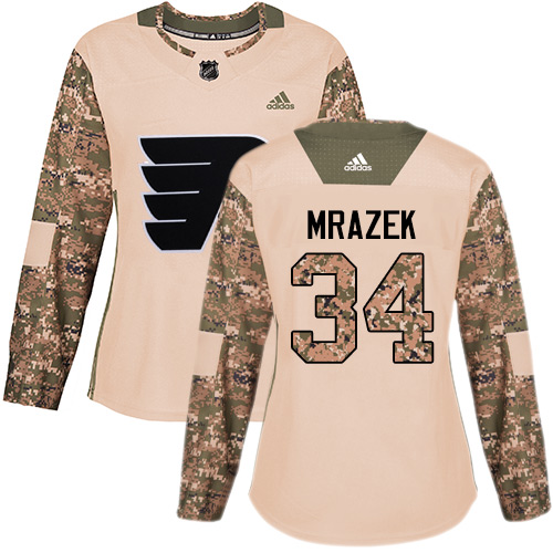 #34 Adidas Authentic Petr Mrazek Women's Camo NHL Jersey - Philadelphia Flyers Veterans Day Practice