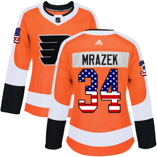 #34 Adidas Authentic Petr Mrazek Women's Orange NHL Jersey - Philadelphia Flyers USA Flag Fashion