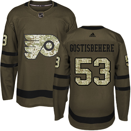 #53 Authentic Shayne Gostisbehere Men's Green Hockey Jersey - Philadelphia Flyers Salute to Service