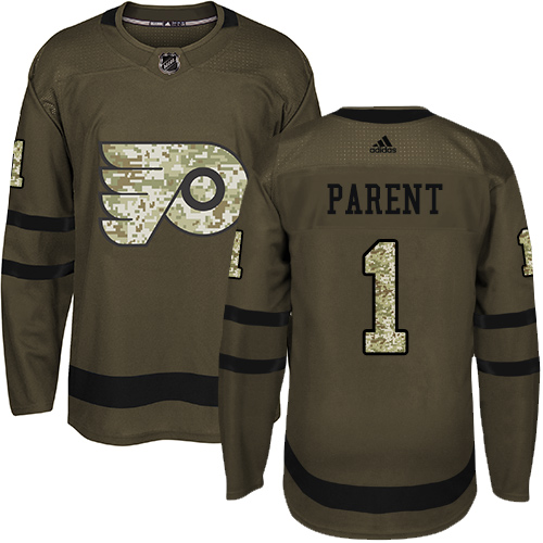#1 Authentic Bernie Parent Men's Green Hockey Jersey - Philadelphia Flyers Salute to Service #1 Authentic Bernie Parent Men's Green Hockey Jersey - Philadelphia Flyers Salute to Service